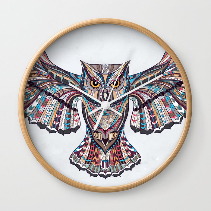 Colorful Ethnic Owl Wall Clock By Serigraphonart Society6 - Colorful Owl Wall Clocks