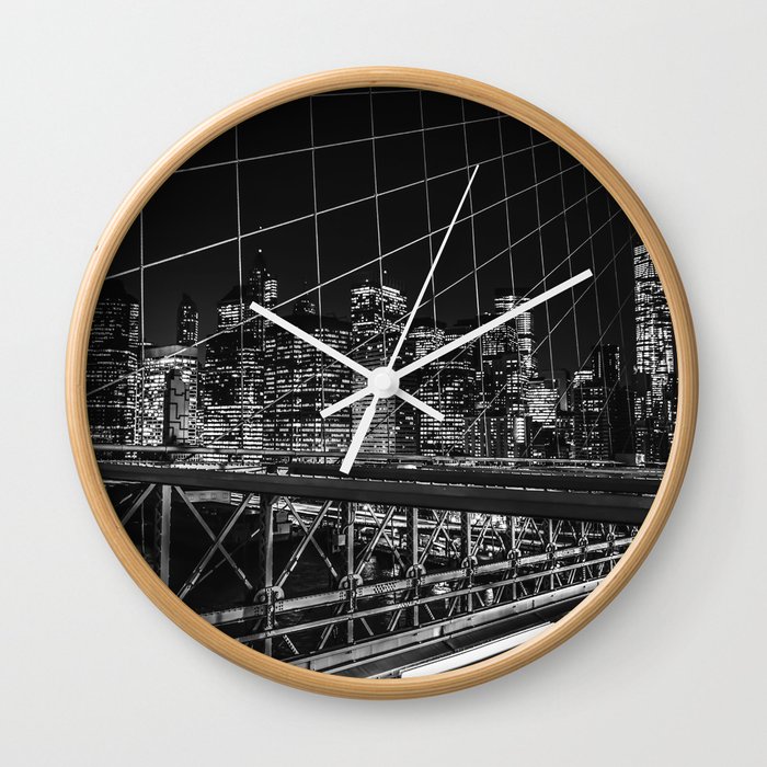 Brooklyn Bridge and Manhattan skyline in New York City at night black and white Wall Clock