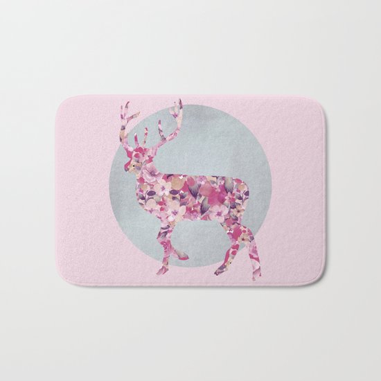 Flower Deer and circle pastel blue pink colors Bath Mat
