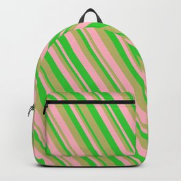 [ Thumbnail: Dark Khaki, Light Pink & Lime Green Colored Lines/Stripes Pattern Backpack ]