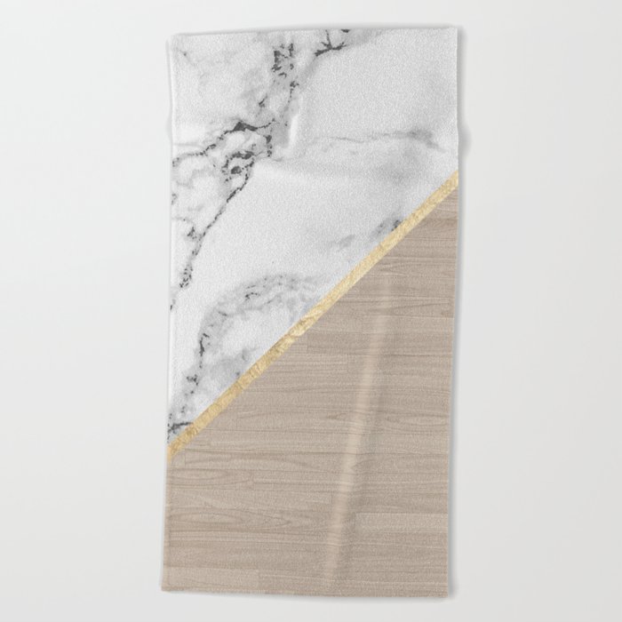 Modern white marble gold stripe wood color block Beach Towel