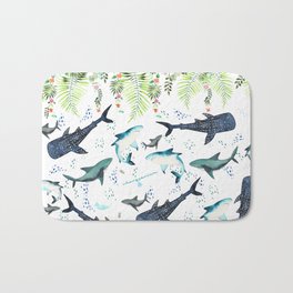 floral shark pattern Bath Mat | Shark, Flowers, Palmtrees, Greatwhiteshark, Watercolor, Curated, Tropical, Whaleshark, Painting, Aloha 