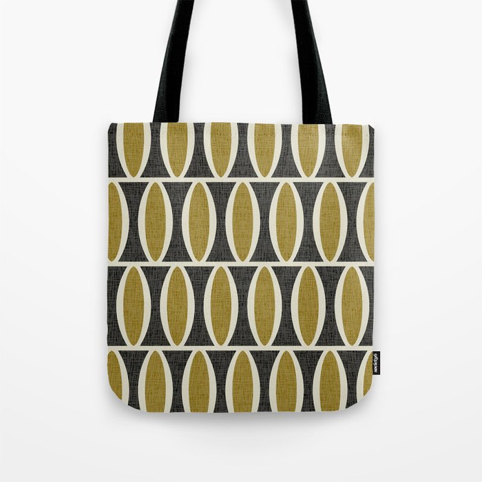 Retro Mid Century Modern Geometric Oval Pattern 233 Black Gold and Beige Tote Bag