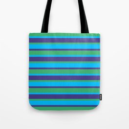 [ Thumbnail: Dark Slate Blue, Sea Green & Deep Sky Blue Colored Striped Pattern Tote Bag ]