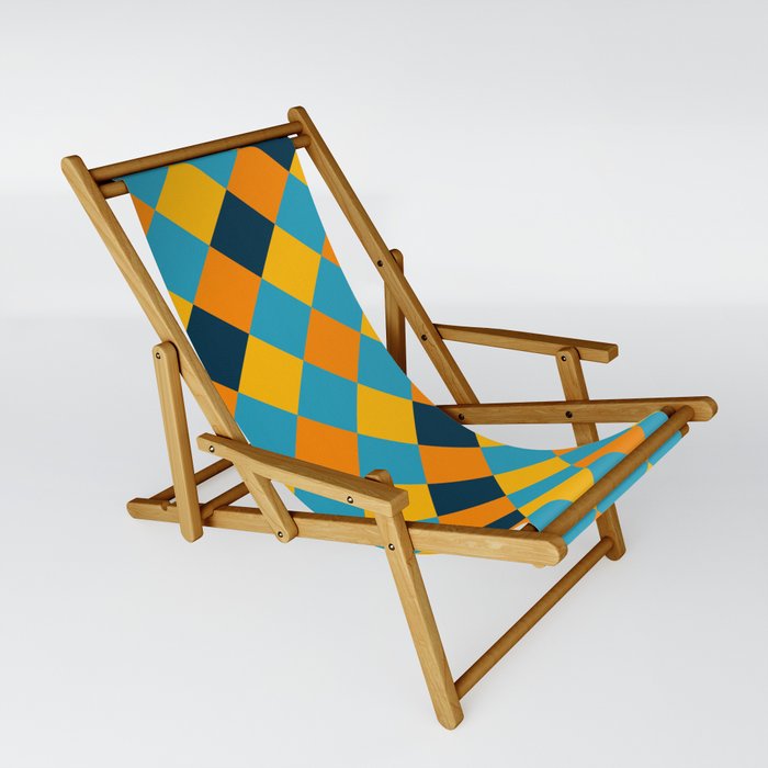 Yellow Orange Blue Black Large Diagonal French Checkered Pattern Sling Chair
