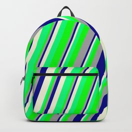 [ Thumbnail: Eyecatching Dark Gray, Dark Blue, Beige, Green & Lime Colored Striped/Lined Pattern Backpack ]