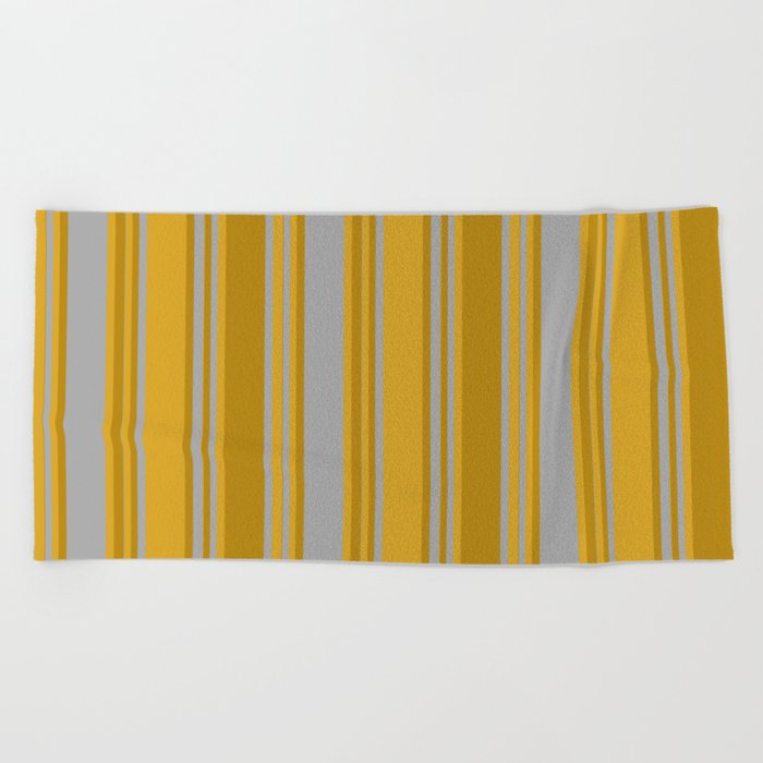 Dark Gray, Dark Goldenrod, and Goldenrod Colored Pattern of Stripes Beach Towel