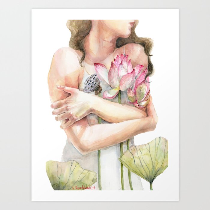 Woman Hugging Flowers Lotus Flowers Blessing Art Print By Violettaboya