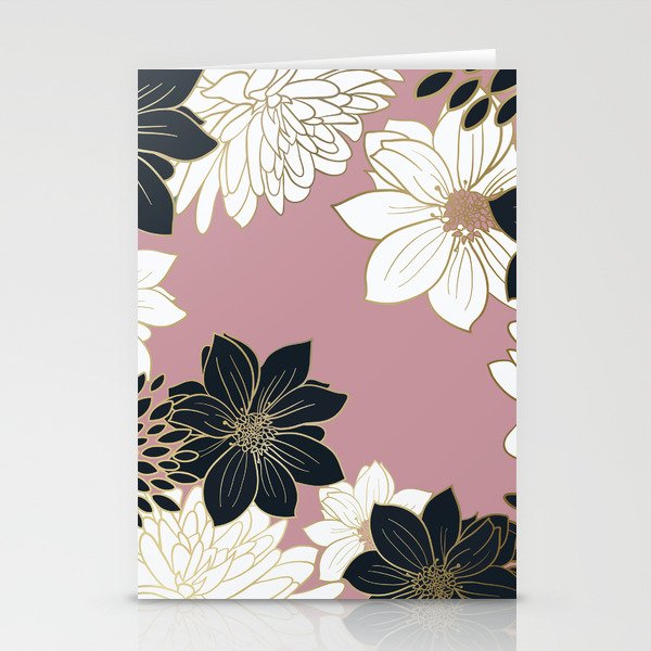 Navy and Gold Floral Garden on Pink Stationery Cards