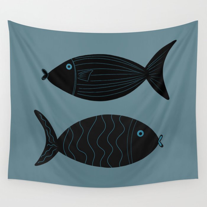Fish - Blue Minimalistic Art Design Pattern Wall Tapestry