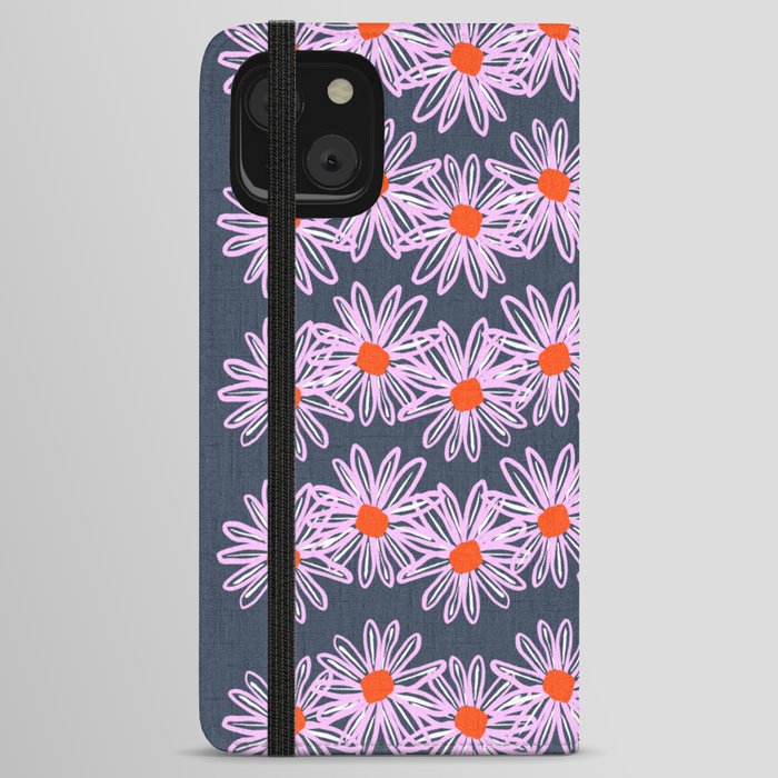 Pink And Red Mid-Century Modern Ditzy Spring Daisy Flowers On Bold Navy Blue Design iPhone Wallet Case