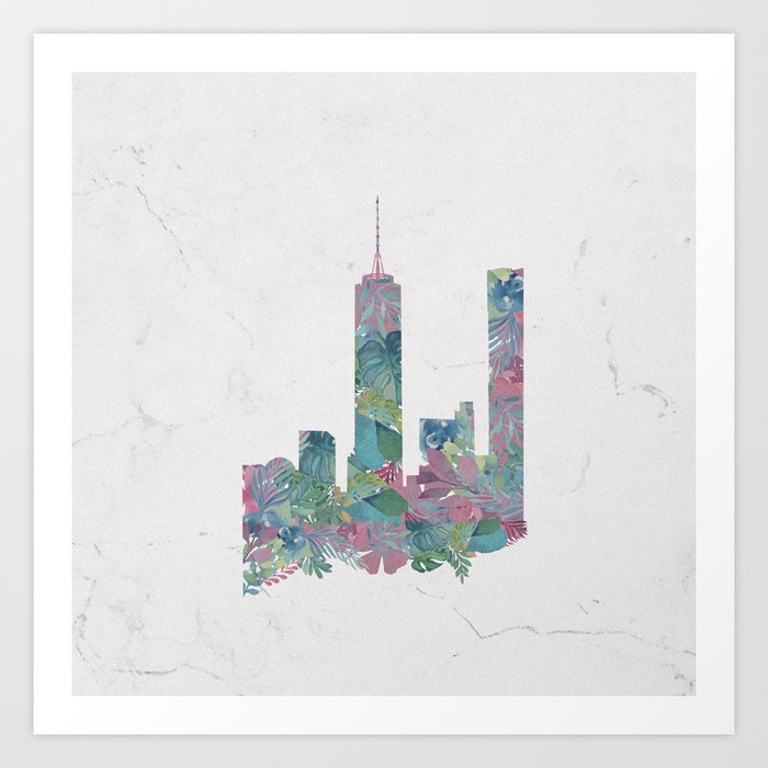 New York City Skyline-Floral Pattern Art Print
