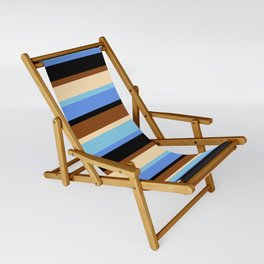 [ Thumbnail: Brown, Beige, Sky Blue, Cornflower Blue & Black Colored Striped Pattern Sling Chair ]