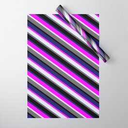 [ Thumbnail: Vibrant Midnight Blue, Fuchsia, Lavender, Dim Gray, and Black Colored Striped/Lined Pattern Wrapping Paper ]