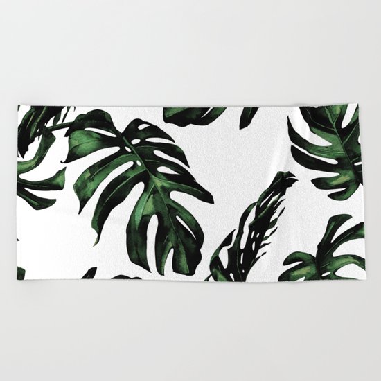 Tropical Green Palm Leaves Beach Towel