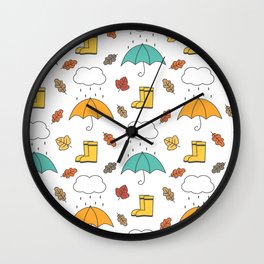 cute lovely autumn pattern with umbrellas, rain, clouds, leaves and boots Wall Clock