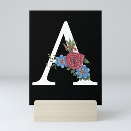 Monogram Letter A with Flowers Black background Mini Art Print