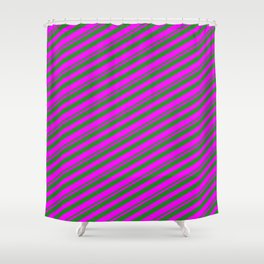 [ Thumbnail: Forest Green and Fuchsia Colored Lined/Striped Pattern Shower Curtain ]