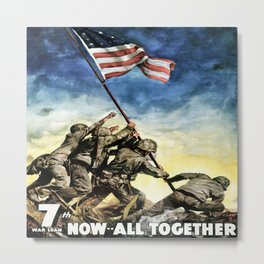 Now All Together - Vintage Military Poster Metal Print | Veteran, Victory, Iwojima, Battle, Flagraising, Americanflag, Memorial, Graphicdesign, Ww2, Soldiers 