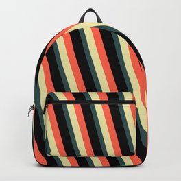 [ Thumbnail: Red, Pale Goldenrod, Dark Slate Gray, and Black Colored Lines Pattern Backpack ]