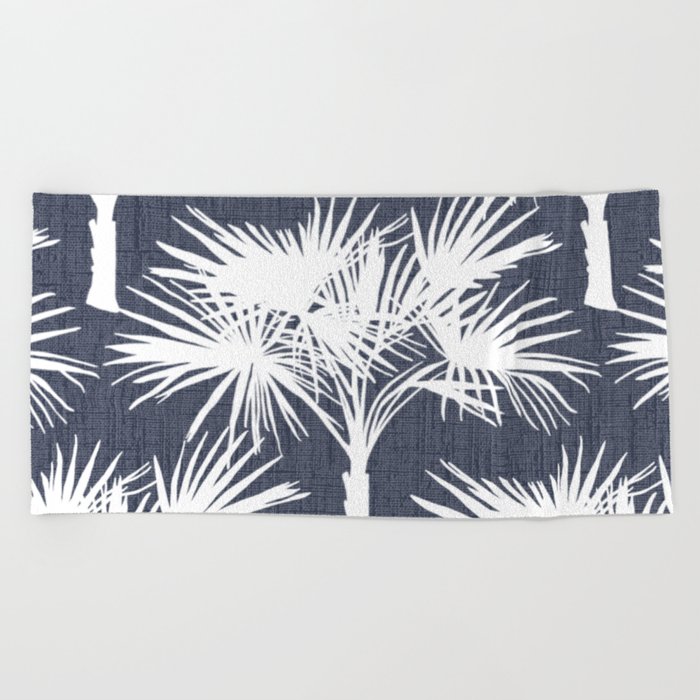 Palm Trees Retro Tropical White on Navy Beach Towel