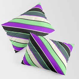 [ Thumbnail: Vibrant Light Green, Dark Slate Gray, Dark Violet, Beige, and Black Colored Lined/Striped Pattern Pillow Sham ]