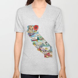 California Illustration - State Symbols - Sunshine - State Outline - State Map - Landmarks V Neck T Shirt