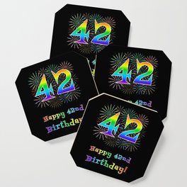 [ Thumbnail: 42nd Birthday - Fun Rainbow Spectrum Gradient Pattern Text, Bursting Fireworks Inspired Background Coaster ]