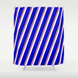 [ Thumbnail: Colorful Grey, Dark Violet, White, Blue & Black Colored Stripes Pattern Shower Curtain ]