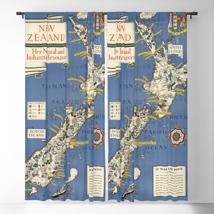 1943 Vintage Map of New Zealand Blackout Curtain