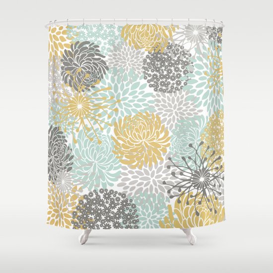 Floral Abstract Print Yellow Gray Aqua Shower Curtain By