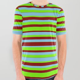 [ Thumbnail: Sky Blue, Green & Dark Red Colored Lined Pattern All Over Graphic Tee ]