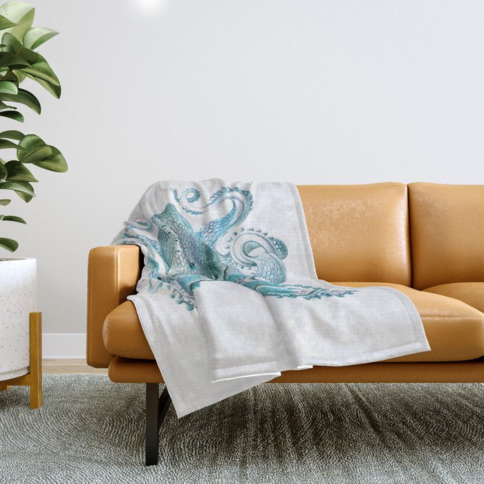 Vintage marine octopus - blue teal Throw Blanket