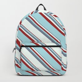[ Thumbnail: Light Slate Gray, Mint Cream, Brown & Powder Blue Colored Lined/Striped Pattern Backpack ]