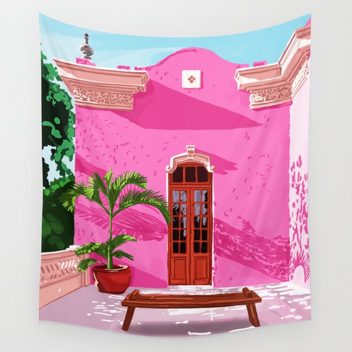 Pink Building Architecture | Pop Art Travel House Painting | Modern Bohemian Décor Spain Palace Wall Tapestry
