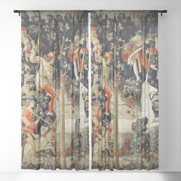 Slaying Of The Unicorn Medieval Tapestry Sheer Curtain