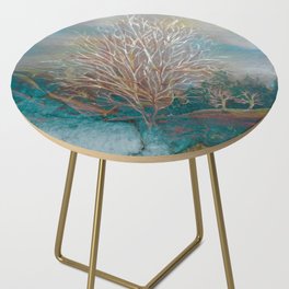 Winter leafles tree in the blue emerald forest Side Table