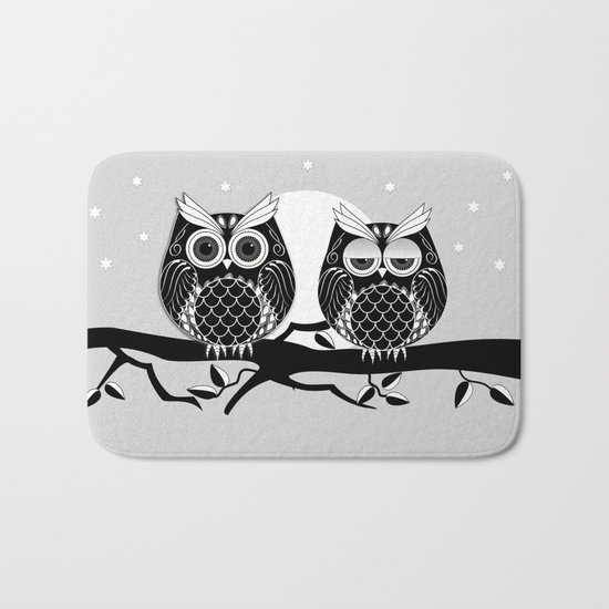 Graphic vector owl on branch in B&W Bath Mat