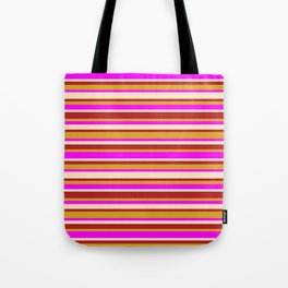 [ Thumbnail: Fuchsia, Bisque, Red, and Goldenrod Colored Lined Pattern Tote Bag ]