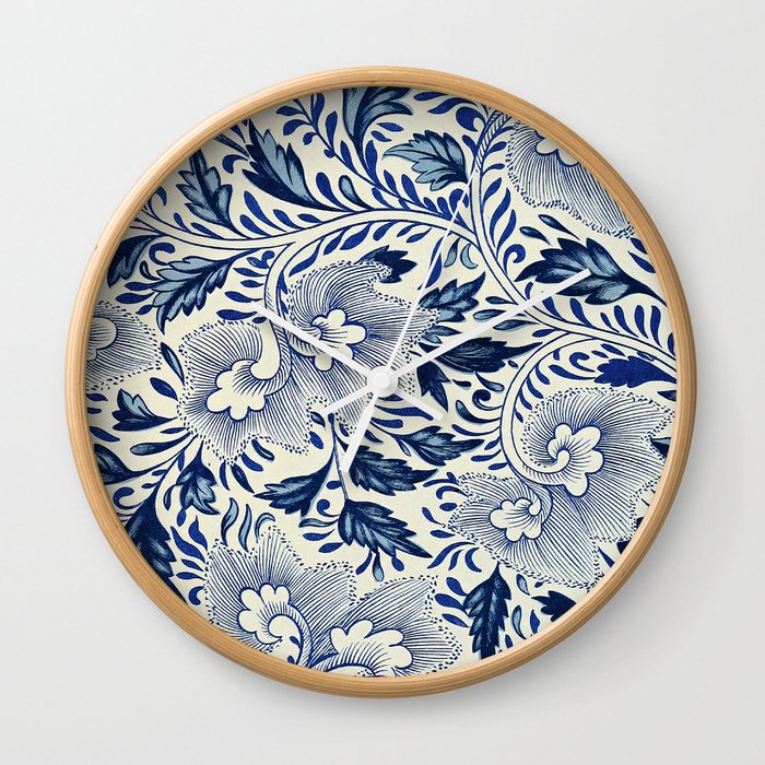 Antique Blue and White Floral China Pattern Wall Clock