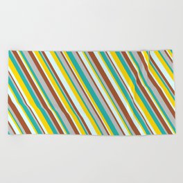 [ Thumbnail: Colorful Grey, Light Sea Green, Yellow, Light Cyan & Sienna Colored Pattern of Stripes Beach Towel ]