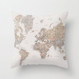 World map with cities in brown and light gray Throw Pillow