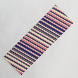 [ Thumbnail: Light Coral, Midnight Blue, Dim Grey, and Light Yellow Colored Stripes Pattern Yoga Mat ]
