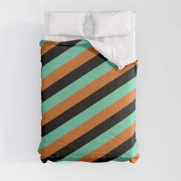 [ Thumbnail: Black, Aquamarine, and Chocolate Colored Pattern of Stripes Comforter ]