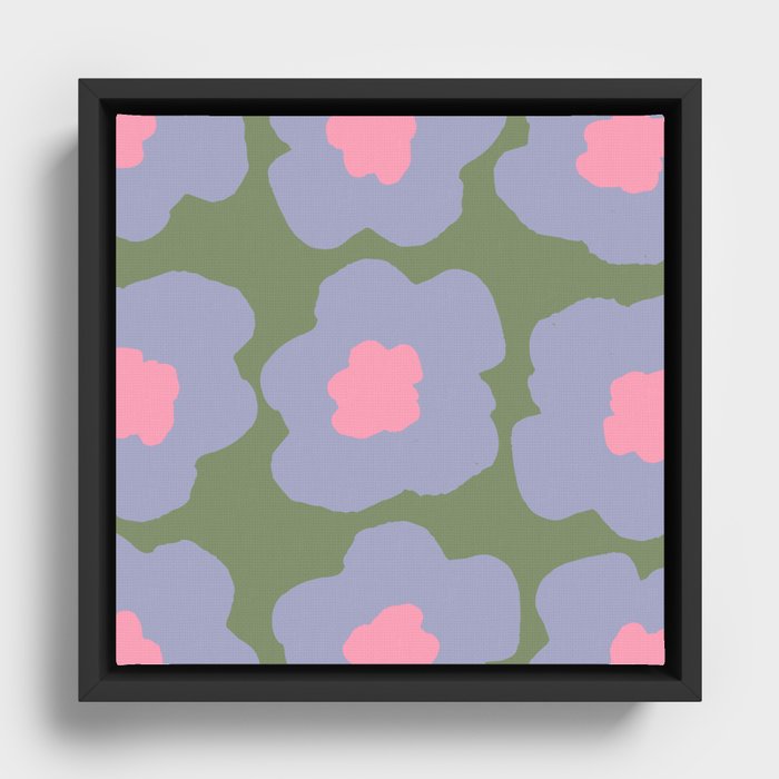 Large Pop-Art Retro Flowers in Very Peri Lavender on Green Background  Framed Canvas