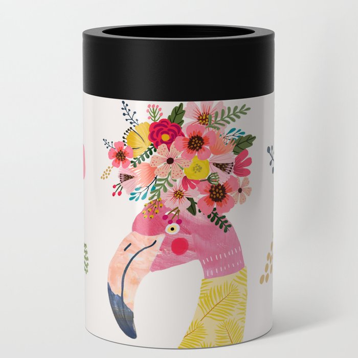 Pink flamingo with flowers on head Can Cooler