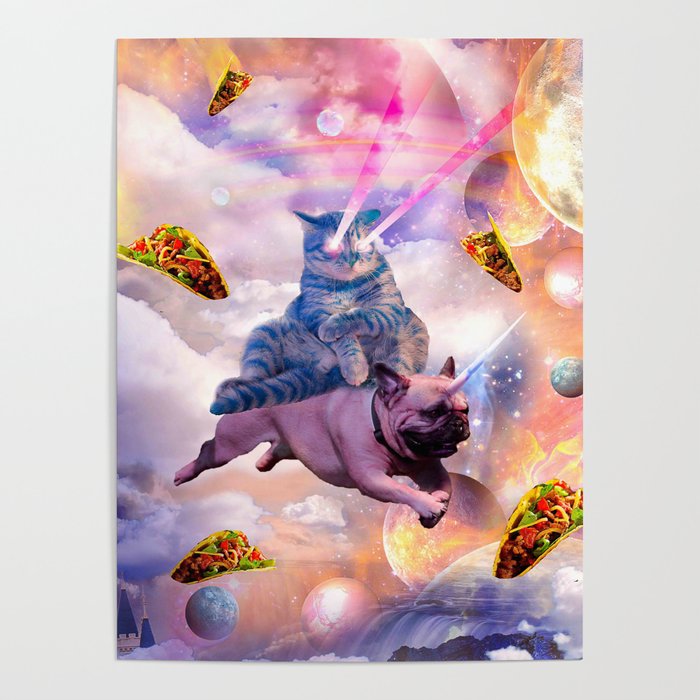 Cosmic Laser Cat Riding Unicorn Pug Poster