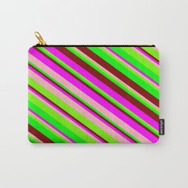 [ Thumbnail: Vibrant Fuchsia, Light Pink, Green, Lime, and Maroon Colored Pattern of Stripes Carry-All Pouch ]