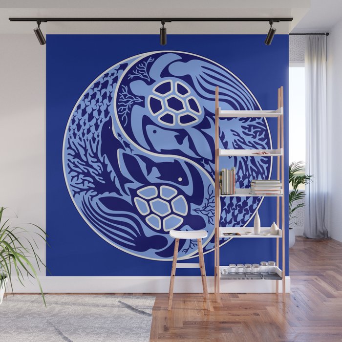 Yin Yang Marine Life Sign Classic Blue Monochrome Wall Mural