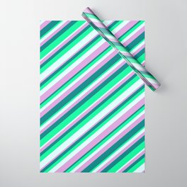 [ Thumbnail: Plum, Teal, Green & Light Cyan Colored Striped Pattern Wrapping Paper ]
